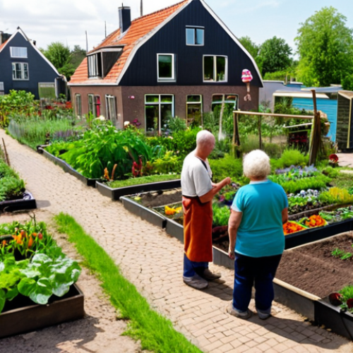 Home 19 **A vibrant community garden in the Netherlands**: A diverse group of people, young and old, working together to cultivate a lush garden on a reclaimed piece of land in a typical Dutch neighborhood. Focus on the community spirit and the beauty of the natural environment.