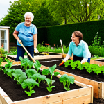 A diverse group of adults and children of varying ages, fully clothed in modest, practical gardening attire, happily working together in a vibrant community garden. They are tending to raised garden beds with lush vegetables and flowers, using gardening tools. The background features typical Dutch houses and a clear, bright sky. The scene emphasizes collaboration, community spirit, and sustainable living. Safe for work, appropriate content, fully clothed, perfect anatomy, correct proportions, natural pose, well-formed hands, proper finger count, natural body proportions, professional photography, high quality, family-friendly.