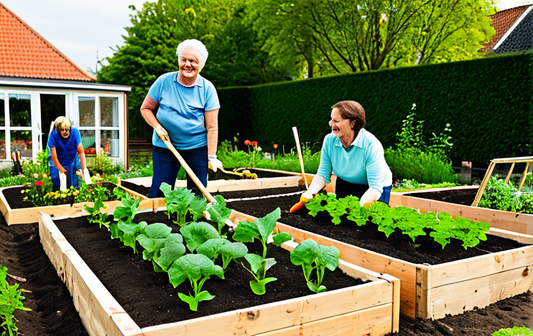 A diverse group of adults and children of varying ages, fully clothed in modest, practical gardening attire, happily working together in a vibrant community garden. They are tending to raised garden beds with lush vegetables and flowers, using gardening tools. The background features typical Dutch houses and a clear, bright sky. The scene emphasizes collaboration, community spirit, and sustainable living. Safe for work, appropriate content, fully clothed, perfect anatomy, correct proportions, natural pose, well-formed hands, proper finger count, natural body proportions, professional photography, high quality, family-friendly.